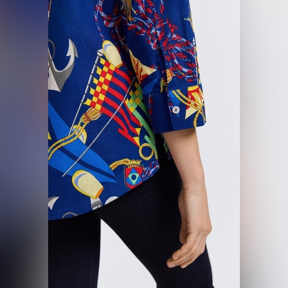 NWT - Foxcroft Zoey Linen Nautical Flags 3/4 Sleeve Shirt - Picture 14 of 14